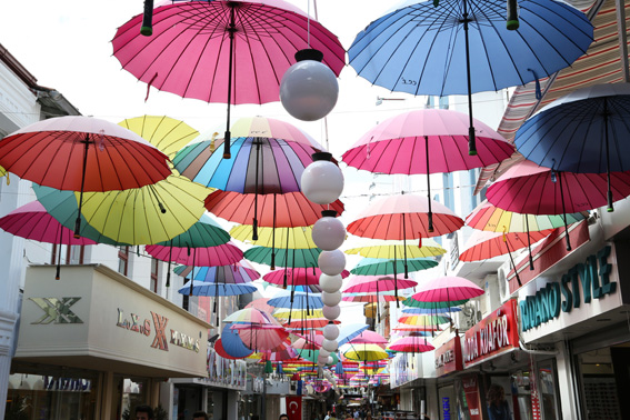 Colourful umbrellas provide shade in Fethiye street in summer
