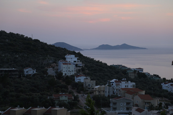 Views of Mouse and Snake Islands from terrace at sunset